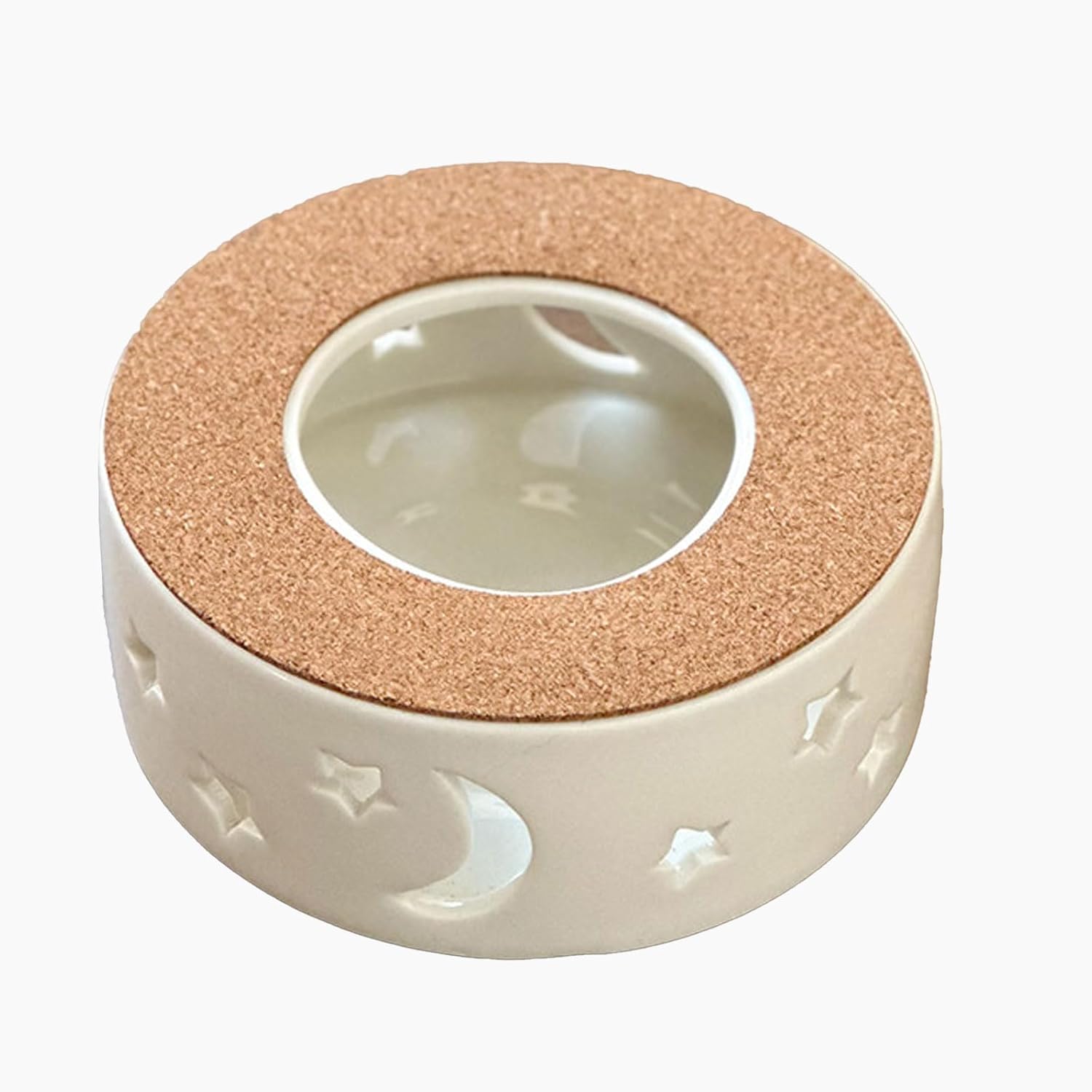 Ceramic Teapot Warmer with Cork Pads Star and Circle Hollow Design Tealight Holder for Heating Coffee Milk Tea Warmer -B