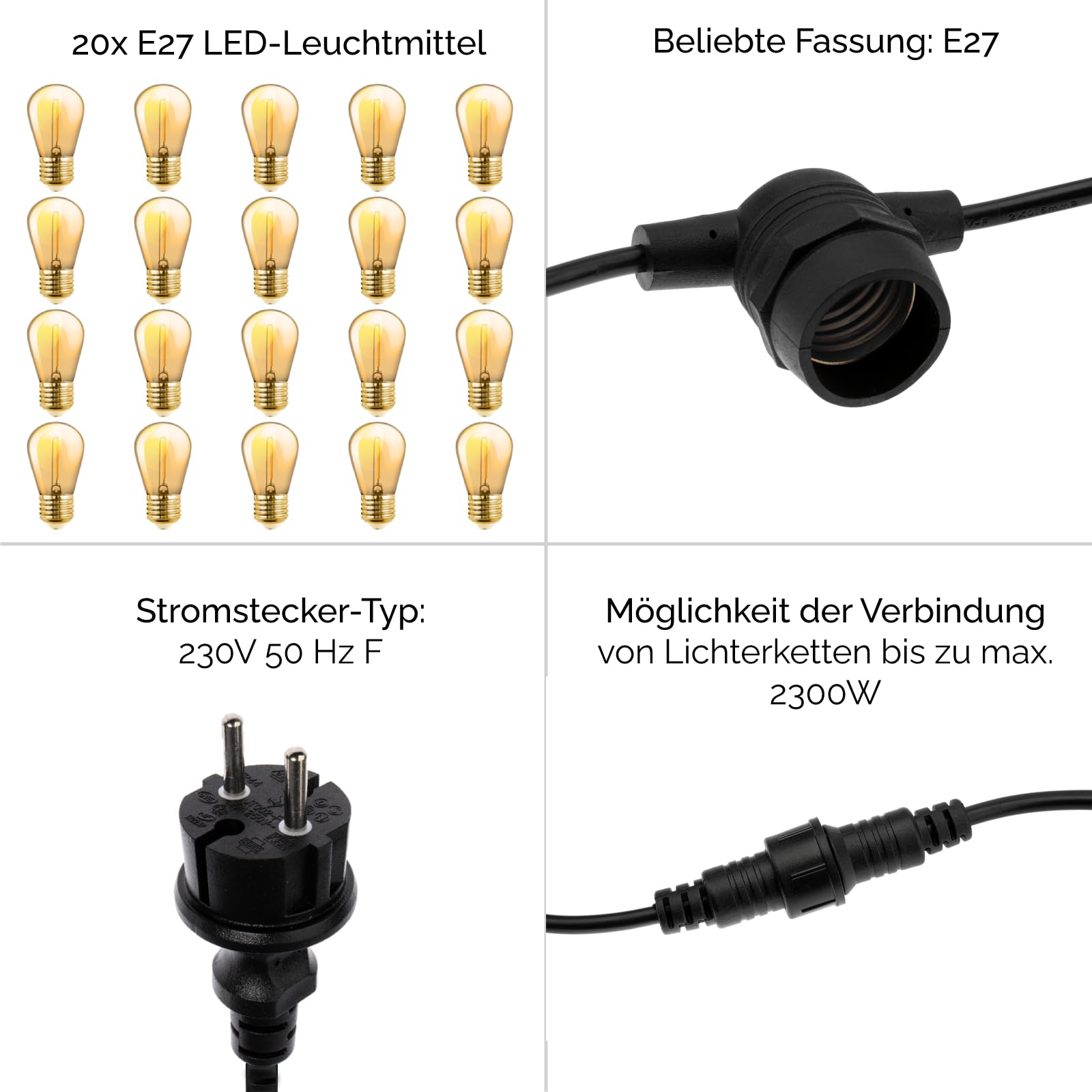 Lumiled Lichterkette Außen 20 Meter mit 20 E27 LED 1,3W Glühbirne ST45 Warmweiß 2200K 230V Birnen für Garten Biergarten Party Hochzeit Dekoration Terrasse Weihnachten verlängerbar mit Strom