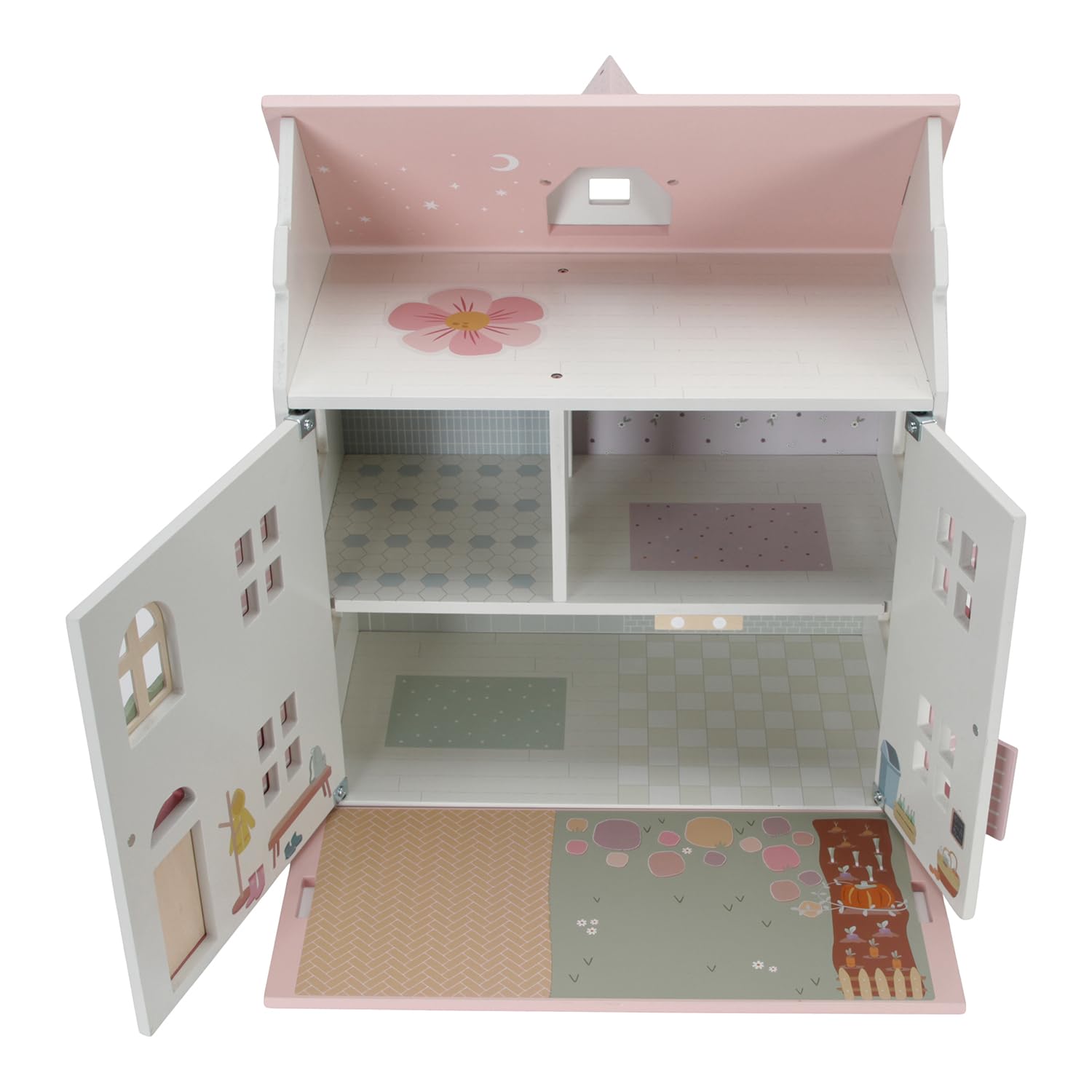 Little Dutch Casa de muñecas grande de madera desplegable con muchos accesorios, figuras de juego y muebles, color blanco y rosa