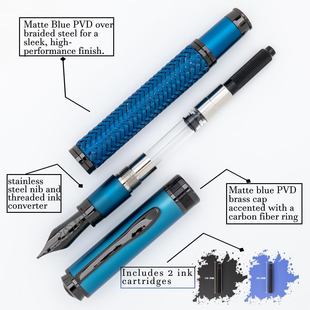 Monteverde Innova Formula M Fountain Pen, Blue - Flex Nib, Durable PVD Coated Pen, Refillable, JoWo Stainless Steel Nib, Luxury Gift Box