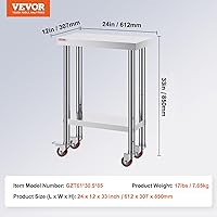Vista 7 de Vevor Mesa de trabajo de acero inoxidable con ruedas de 24 x 12 x 32 pulgadas, mesa de preparación con 4 ruedas, mesa de trabajo resistente
