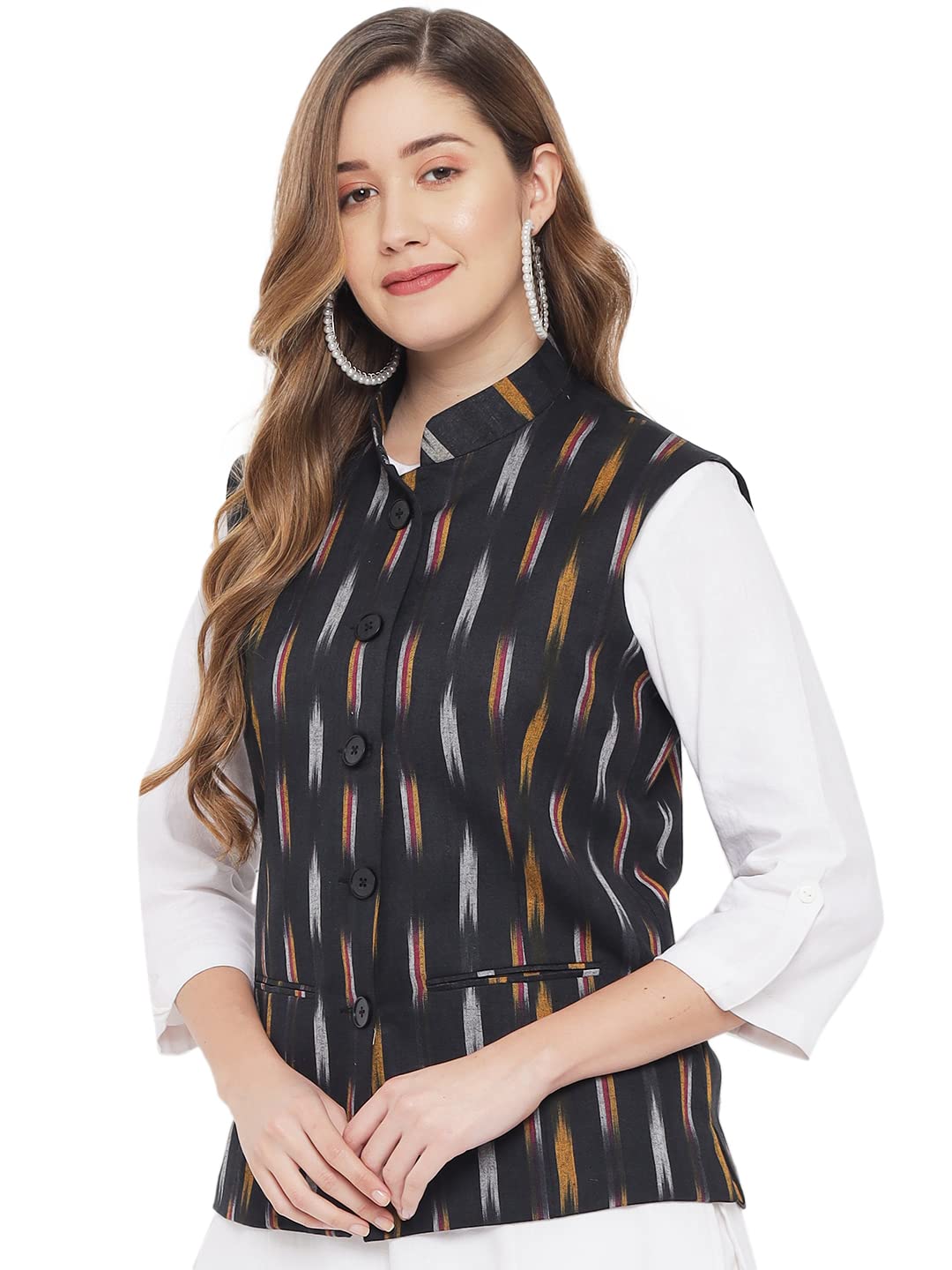 vastraa fusion Womens Ikat Printed Cotton Nehru Jacket (TS1431D)-picture-13