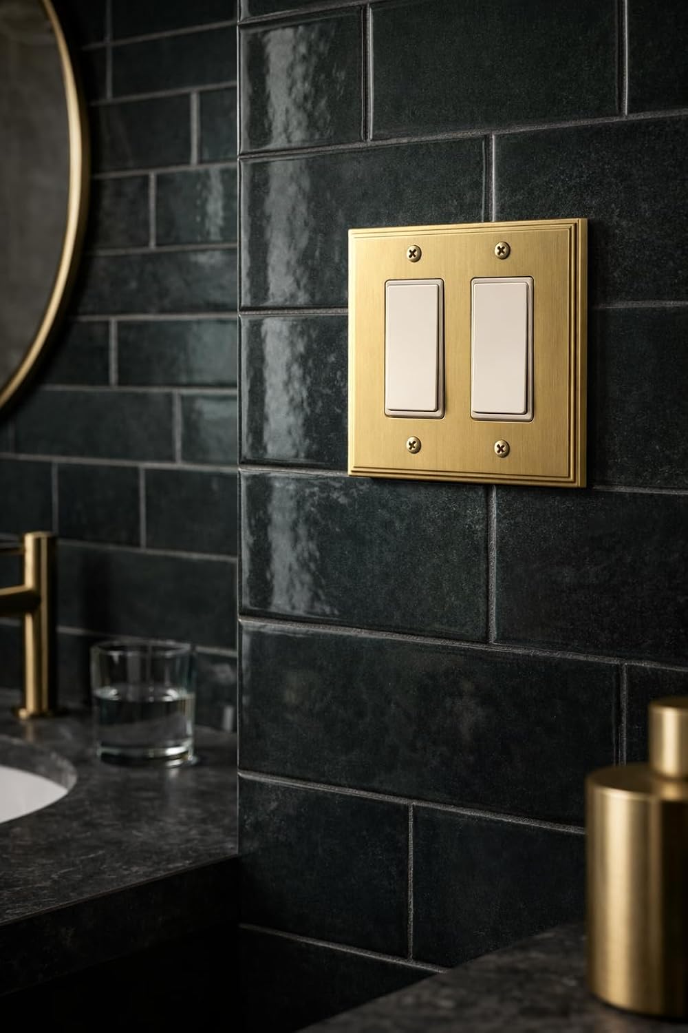 Rio Salto MIDSIZE BRASS Light Switch Cover Plate Outlet Covers Wall Plate – Deco Collection Double Rocker – Solid Brass Brushed Gold, Decorative Plates Premium Decorator – 2 Pack – 5.00" x 4.94"