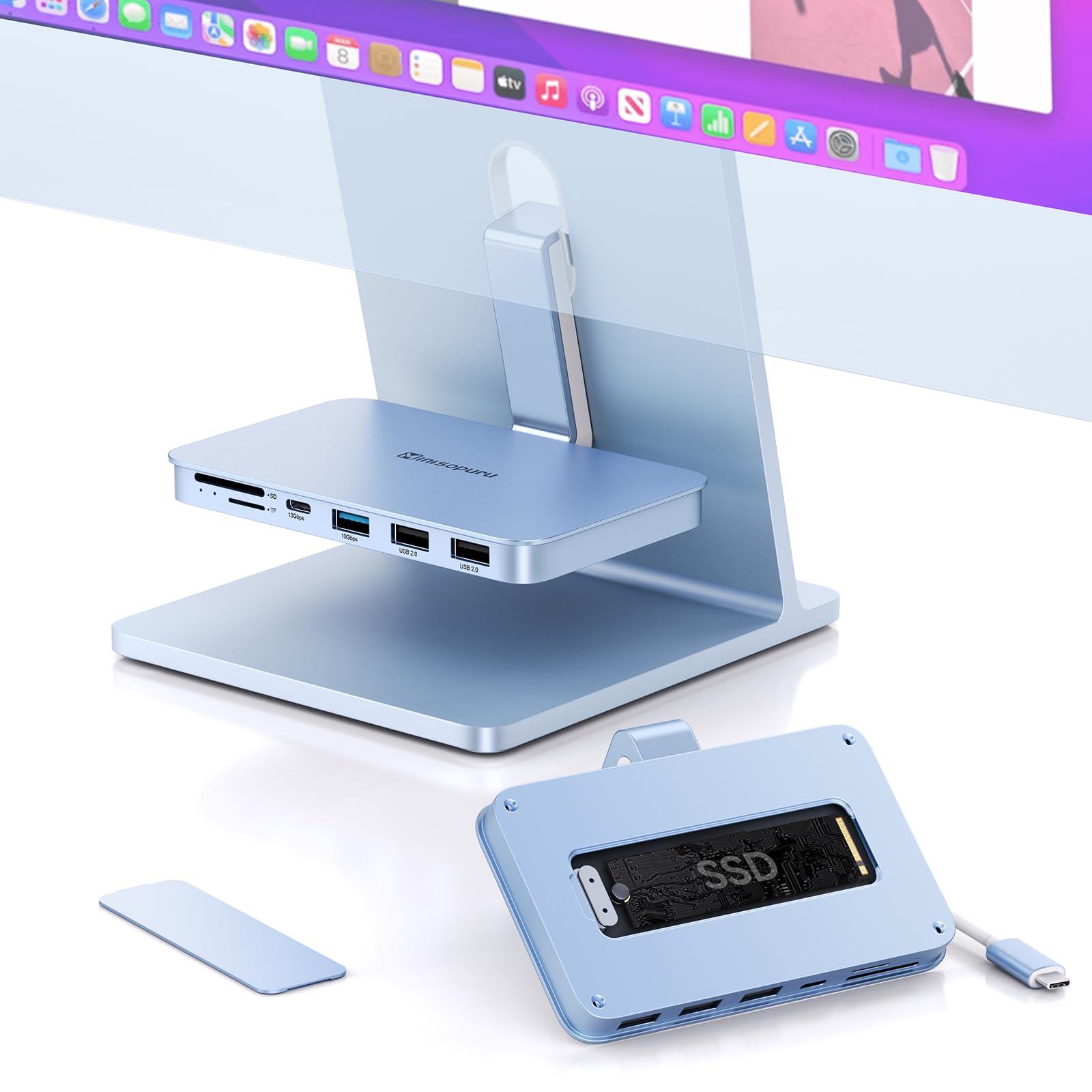 Minisopuru iMac アクセサリ (iMac 2021/2023 用)、iMac USB ハブ サポート 10Gbps NVMe SATA SSD、USB A/C 10Gbps、SD/TF 付き M1/M3 用 iMac ハブ、iMac 24"/Studio Display27"用 iMac USB アダプター 、ブルー(SSDは含まれていません)