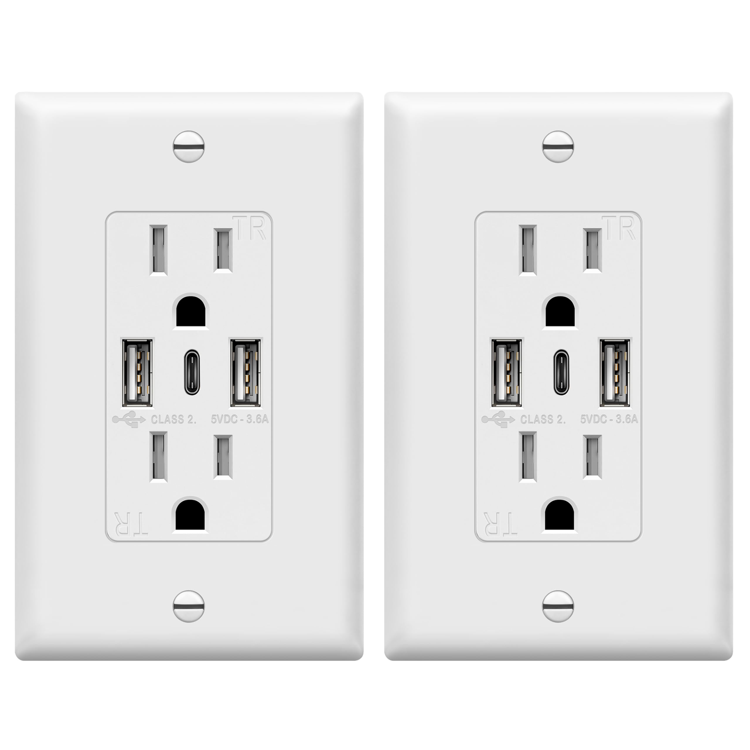 TOPGREENER USB Outlet, 3-Port Type C 3.6A 18W Wall Outlet, 15 Amp Receptacle, Charging Power Outlet with USB Ports, Compatible with iPhone 17 Series & More, UL Listed, TU21536AC3-2PCS, White, 2 Pack