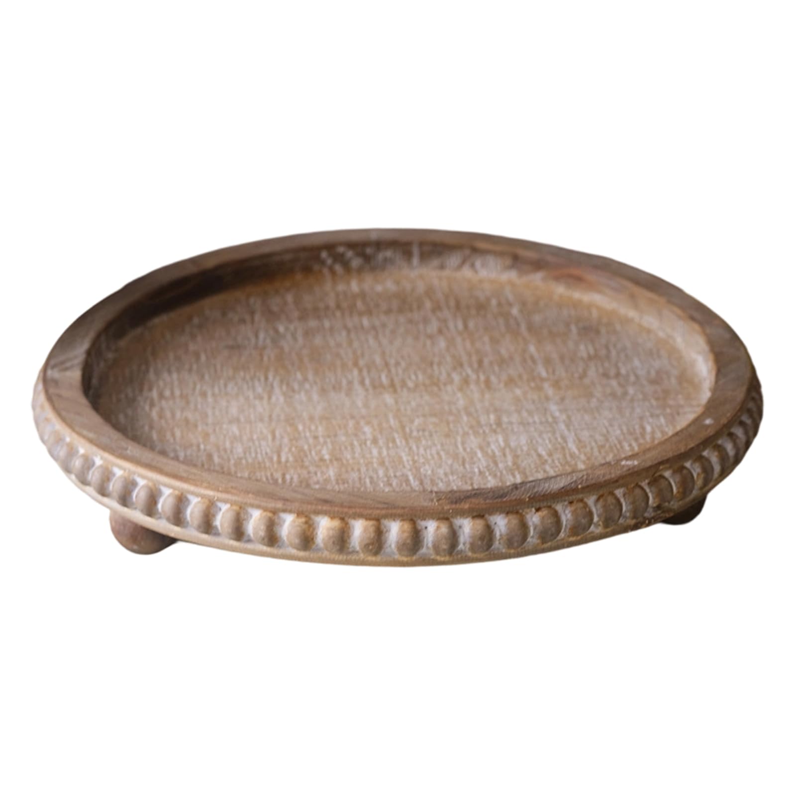 Wood Decorative Tray Round with Beaded Detail, Dresser Entryway Organizer for Small Item Storage and Display Accent Wooden Vanity Tray Round Catchall Organizer Beaded Border Decor Tabletop Display