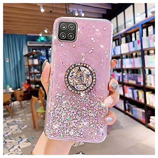 Kompatibel med Samsung Galaxy A12, fodral med diamantring, stativ, mobiltelefonfodral, Galaxy A12, glänsande bling, glitter, stjärna, transparent, silikon, fodral, TPU, skyddsfodral, fodral, rosa