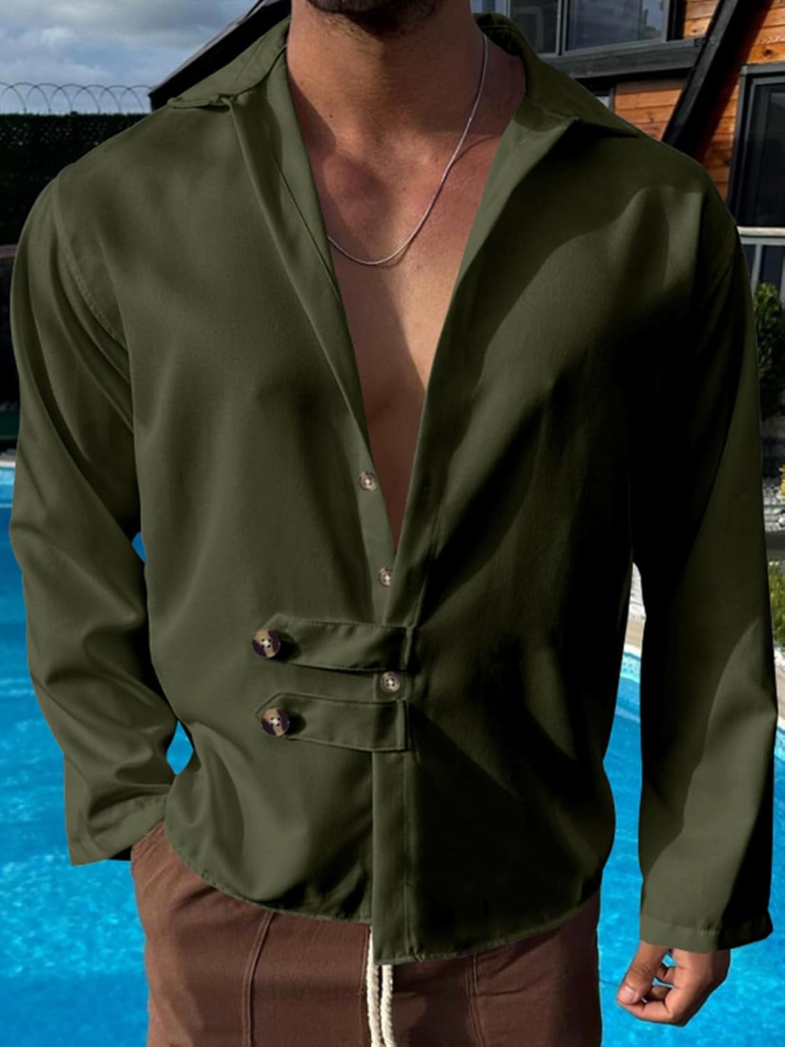 Mens Long Sleeve Shirts Casual Button Down Shirt Men Band Collar Slim Fit Linen Dress Shirts - Image 4