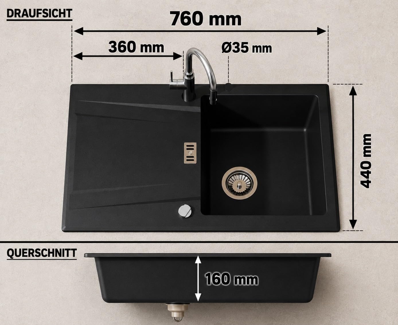 Granitspüle Küchenspüle Sikma Granit Siphon Einbauspüle Spülbecken Spüle Granit 76x45