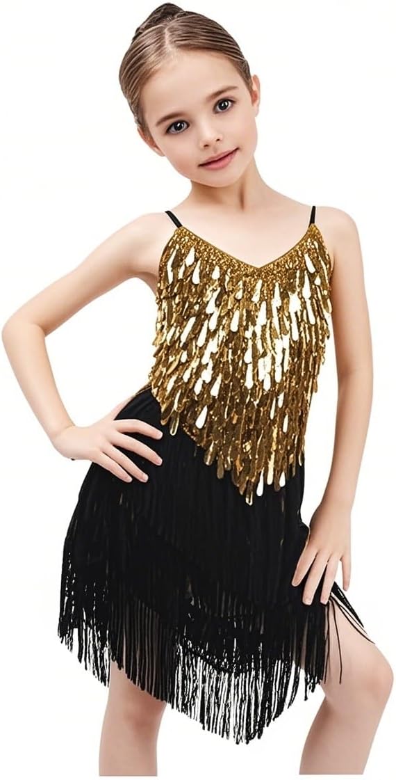 Latin Dance Dress Tassel Sequin Cha Cha Dancer Outfits Cha Cha Fringe Dress for Girls