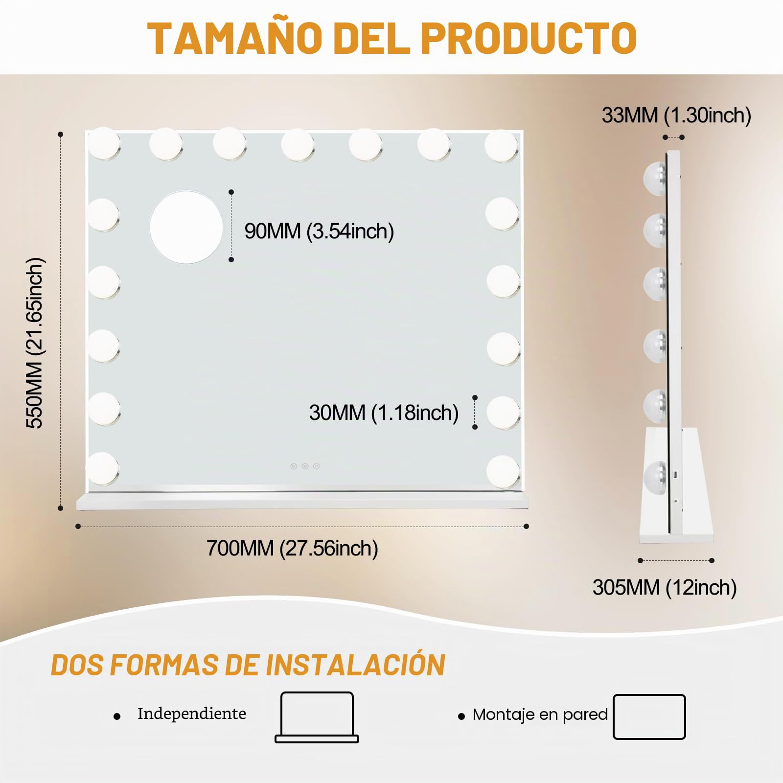 Espejo de Maquillaje con 17 Luces LED Regulables, 3 Modos, Espejo con Función de Memoria, Control Táctil, Montaje en Pared, Cargador USB y Type C, Blanco, 70x57 cm