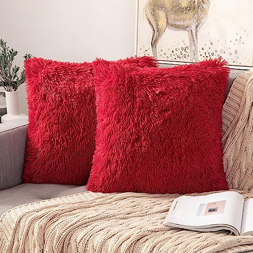ANRODUO Pack of 2 Red Throw Pillow Covers Luxury Fluffy Pillows Faux Fur Decorative Pillows Plush Cushion Case Fuzzy Mongolian Merin Style for Bed Couch Sofa and Living Room Christmas Decor 18x18 Inch