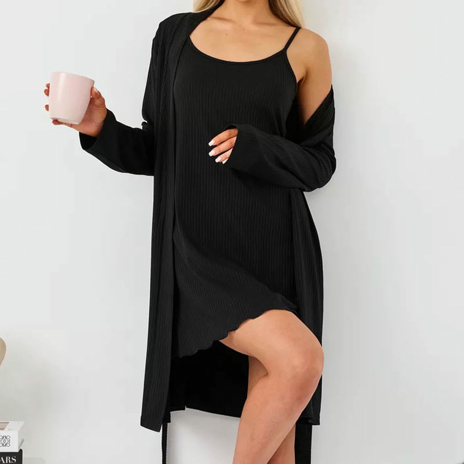 Camicia Notte Donna Nightdress Autunno E Abito Due Pezzi Set per Il Pigiama dei Vestiti da Casa da Donna-nero-2xl