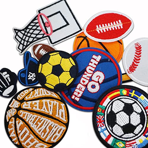 Miwind Lot de 12 écussons appliqués thermocollants Thèmes basket-ball/tennis/rugby/football pour jeans/vêtements/vestes/sacs/foulards enfants