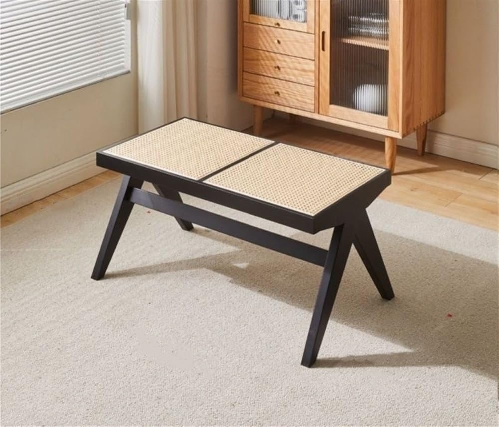 Banco de comedor de madera y asiento de ratán para entrada o piscina