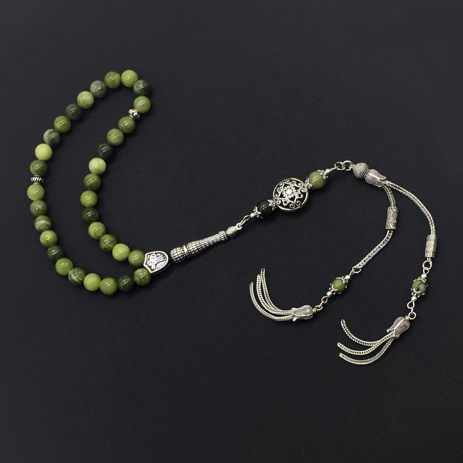 Design -Latest Models New Long & Stylist Tassels Worry Beads - Prayer Beads (8 mm-33 Beads) Tesbih-Tasbih-Tasbeeh-Misbaha-Masbaha-Subha-Sebha-Sibha-Rosary (Green Jade Stone - Twin Tassel)