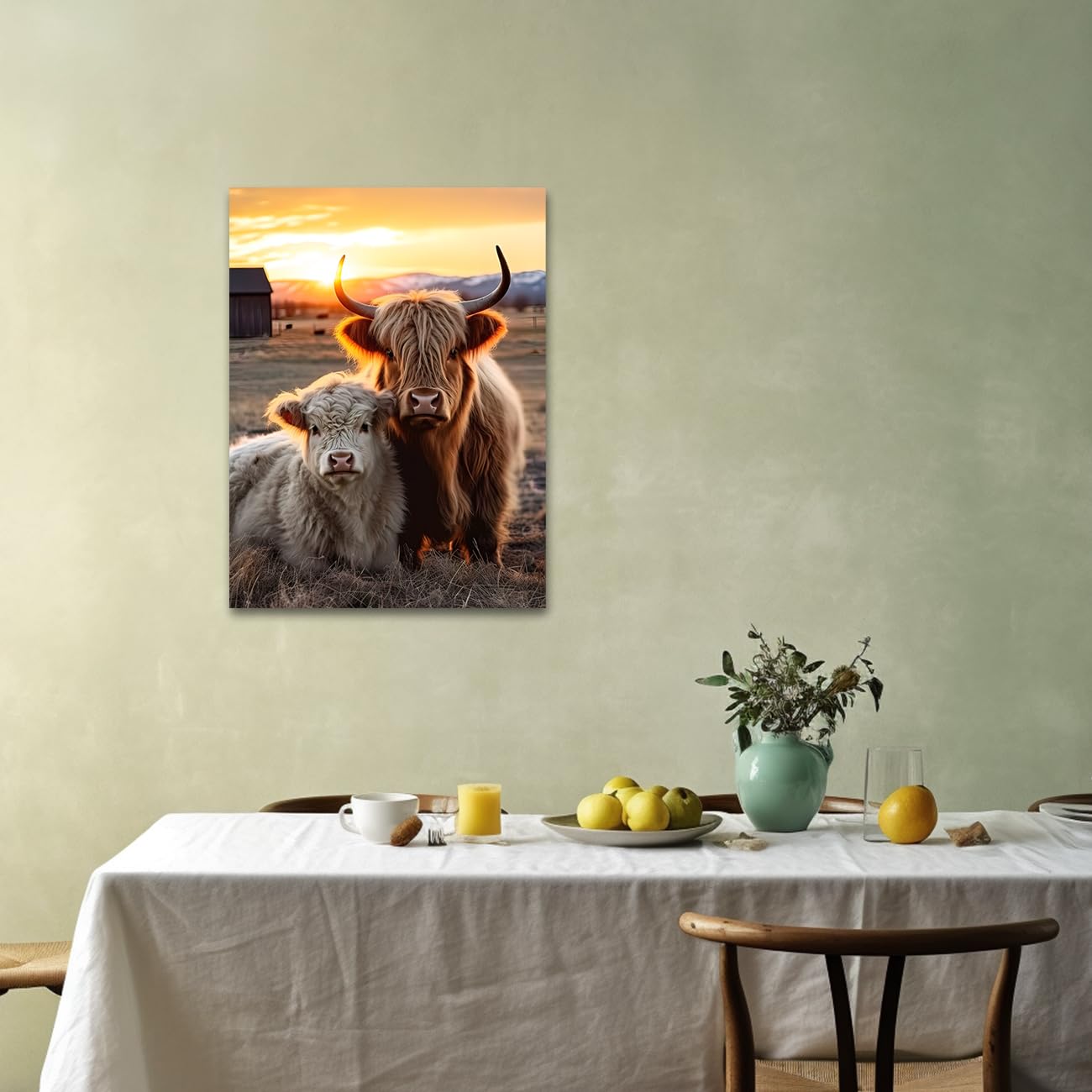 CXHOSTENT Highland Cow Canvas Wall Art Farmhouse Wall Decor Rustic Farm Animal Painting Cattle Picture Prints for Bathroom Kitchen Decor Framed (Cow-1 - Image 3