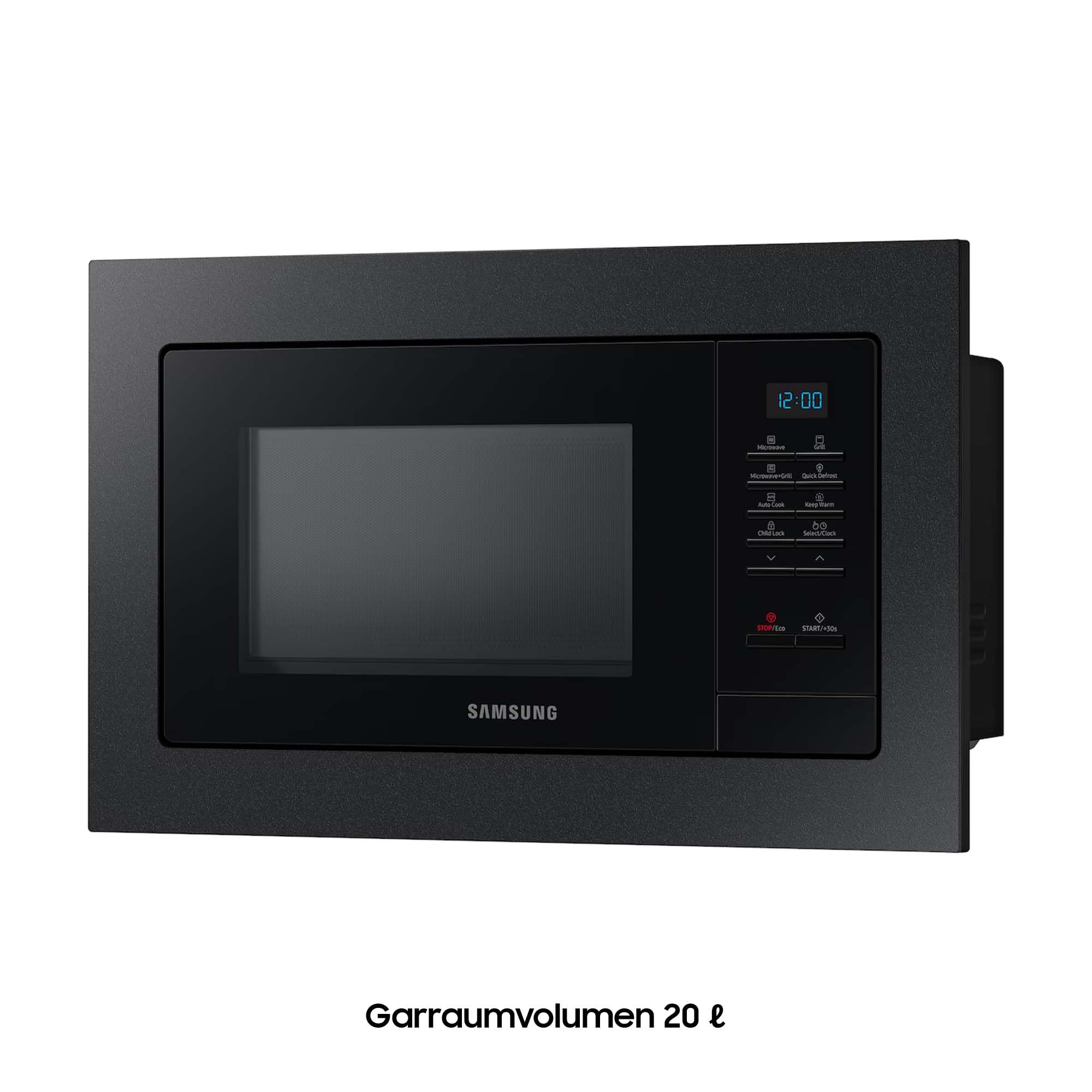 Samsung MG20A7013CB/EG Einbau-Mikrowelle mit Grill, 850 W, 20 l Garraum, Kleines Mikrowellengerät für 28 cm Nischen, Mit Einbaurahmen, Crusty Plate, Kratzfester Emaille-Innenraum, Schwarz