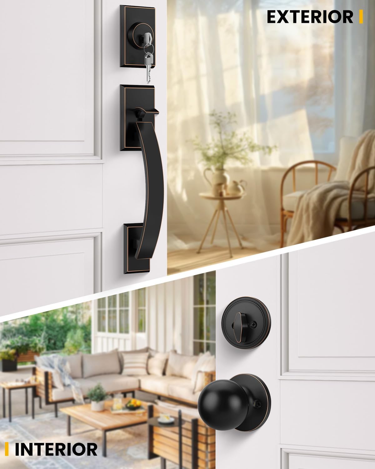 Goldenwarm Front Door Handle and Deadbolt Set, Oil Rubbed Bronze Front Door Lock Set, Front Door Lock Set with Reversible Knob Handle