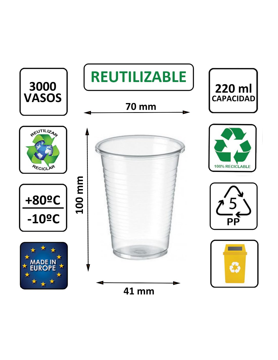 3000 uds - Vasos de color transparente, de polipropileno (PP) - Capacidad de 220 ml - reciclables - Ideal para bebidas frías como agua, refresco, zumos, té helado
