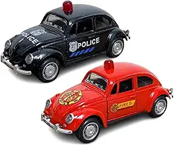 2 Fuscas de Ferro Polícia e Bombeiro Carrinho Abre Portas