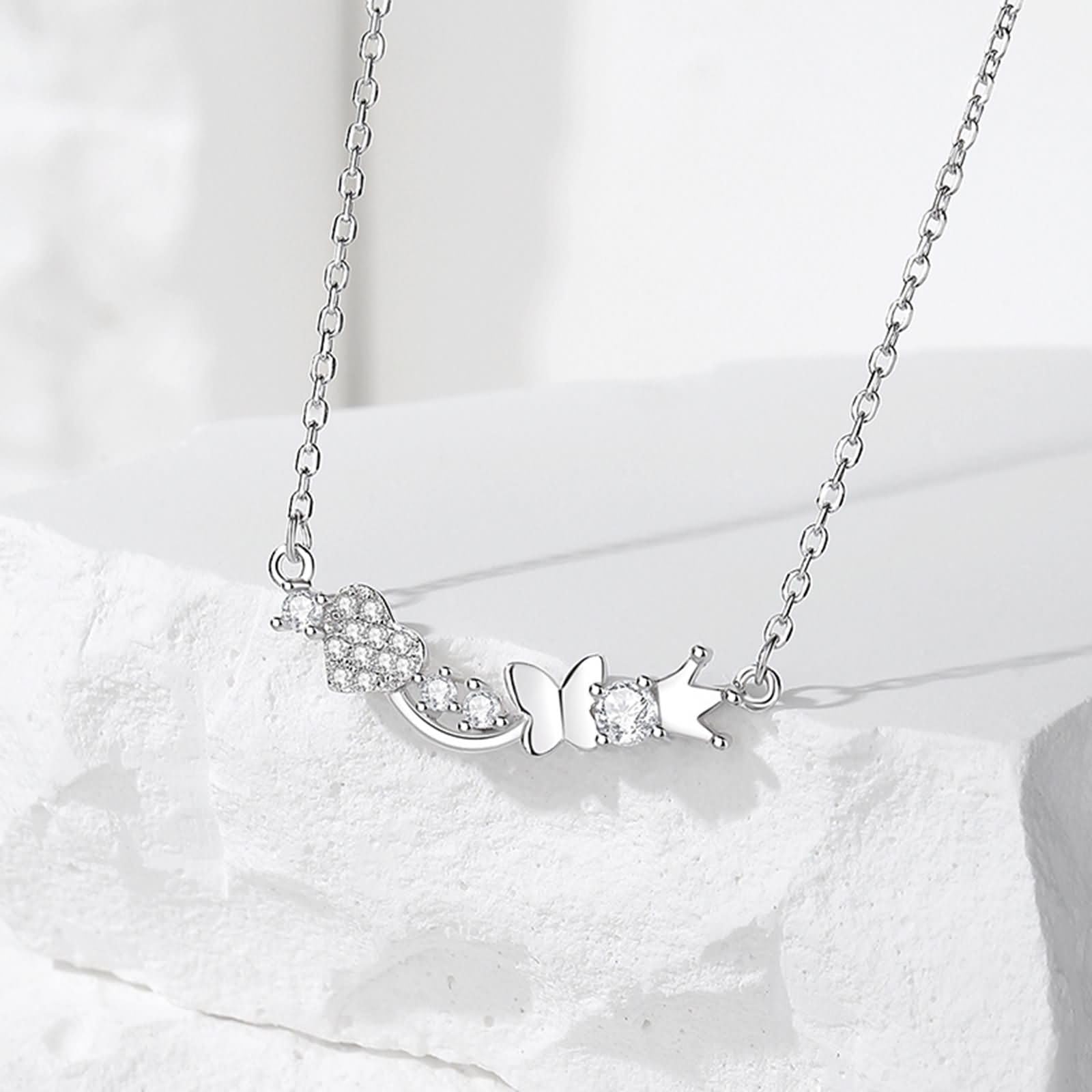 Collar con colgante para mujer, oro blanco de 9 quilates, 14 quilates, 18 quilates, corona de mariposa y corazón con moissanita, collar de plata para mujer de boda