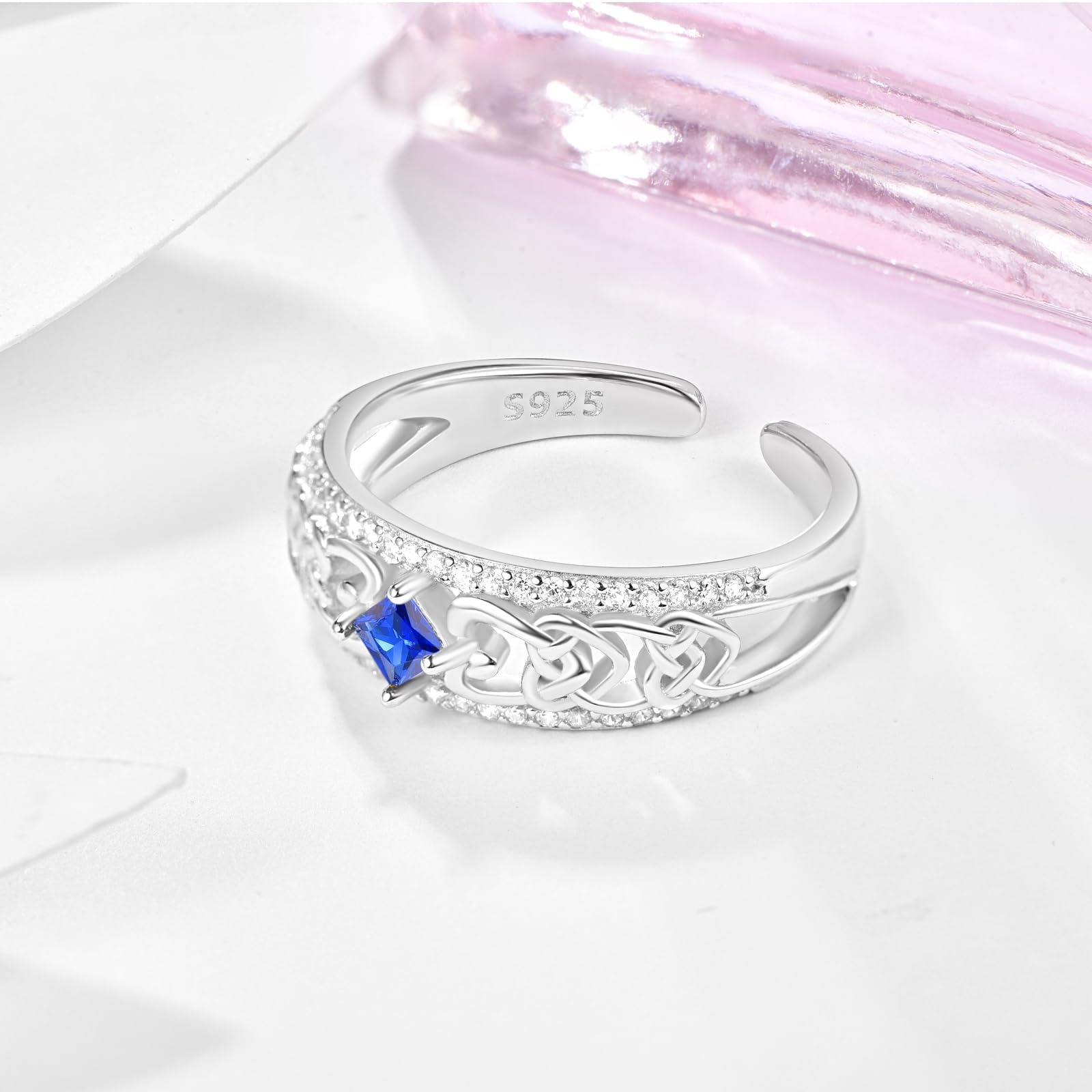 KINGWHYTE Keltischen für Frauen 925 Sterling Silber Keltischer Knoten Geburtsstein Offener Ring Versprechen Verlobungsschmuck Geburtstagsgeschenke für Frauen Mädchen
