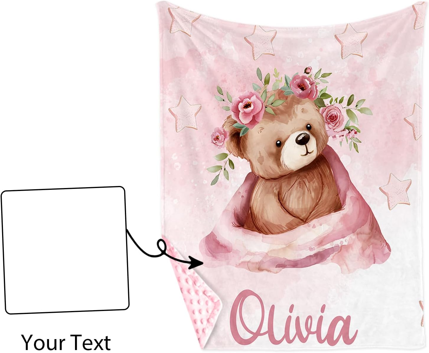 Personalized Baby Blankets for Boys Girls, Custom Name Baby Blanket with Pink Bear Design, Soft Receiving Blanket for Newborns and Toddlers, Ideal for Baby Showers and Nursery Decor