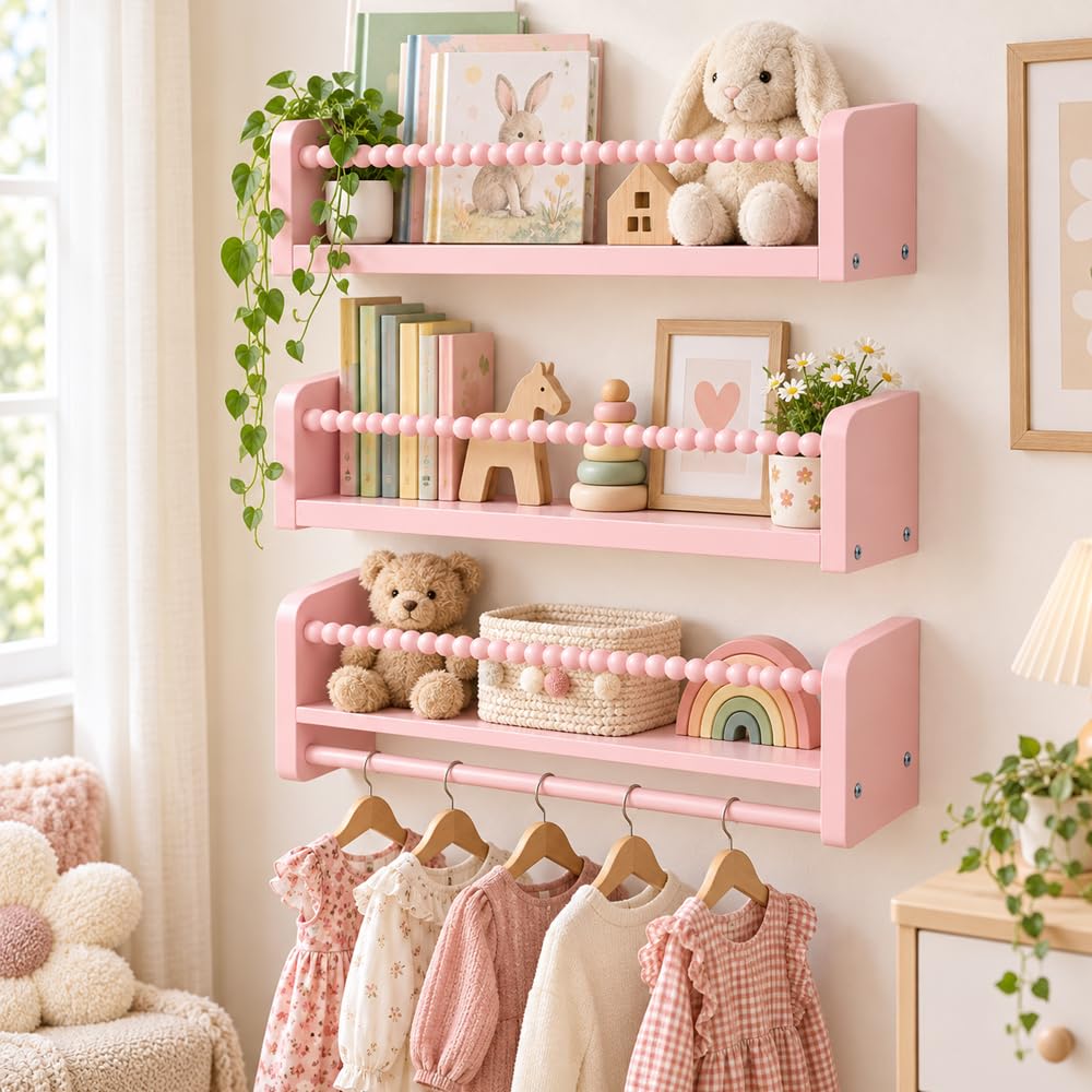 Nursery Shelves, 40cm Wooden Nursery Book Shelf with Hanging Rail 3 Pack — image 1