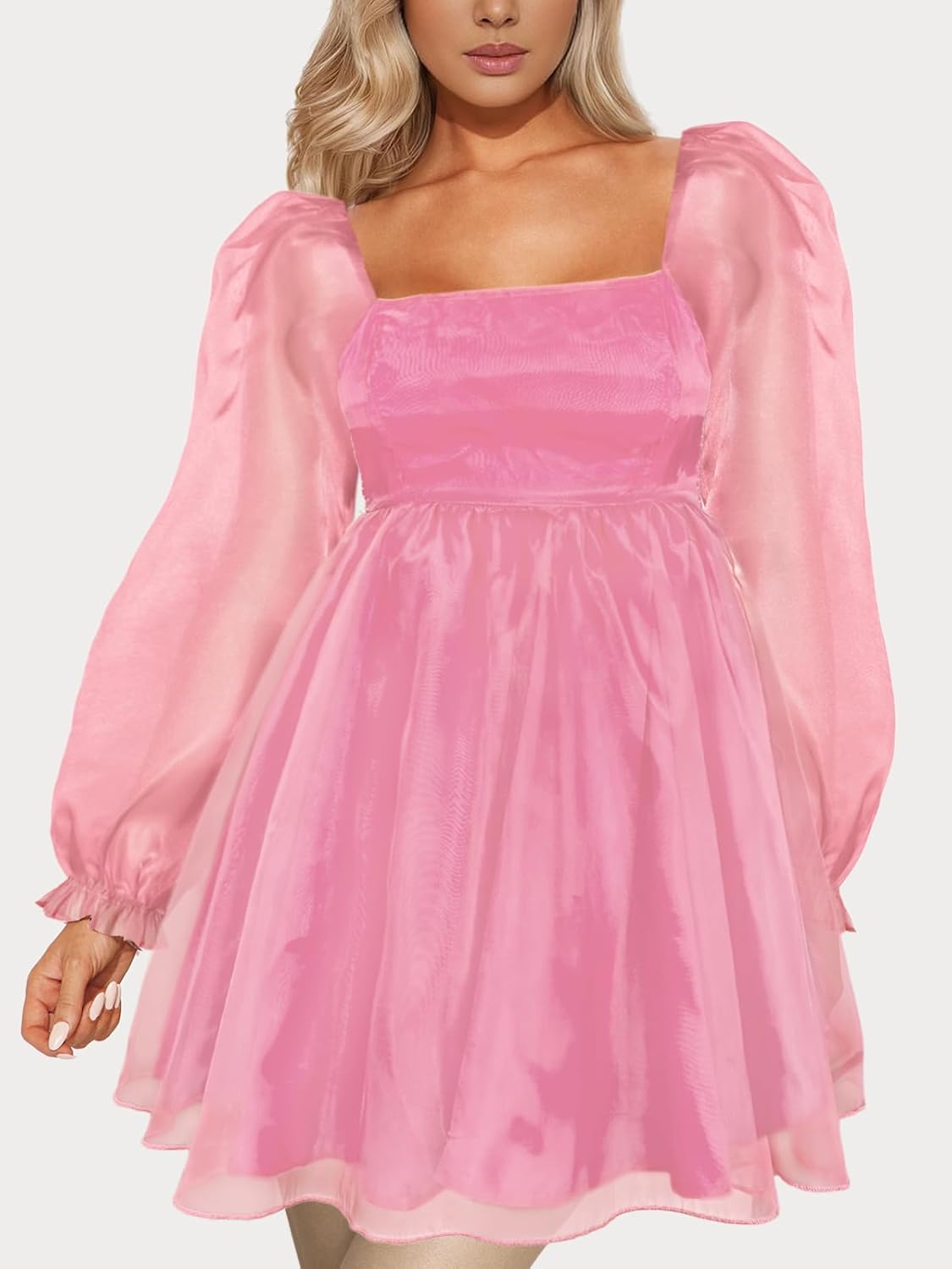 Aisbei Women's Square Neck Puff Sleeve Babydoll Dress Backless Casual A-Line Short Mini Dresses - Image 4