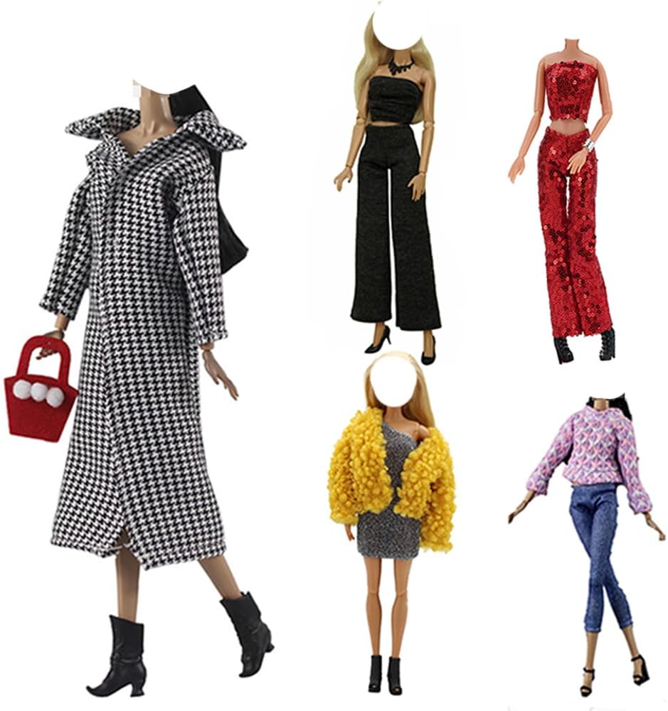 Doll Clothes, 5 Sets Outfits Houndstooth Coat Pants Windbreaker Hat for 11.5 inch Dolls Accessories Random Style