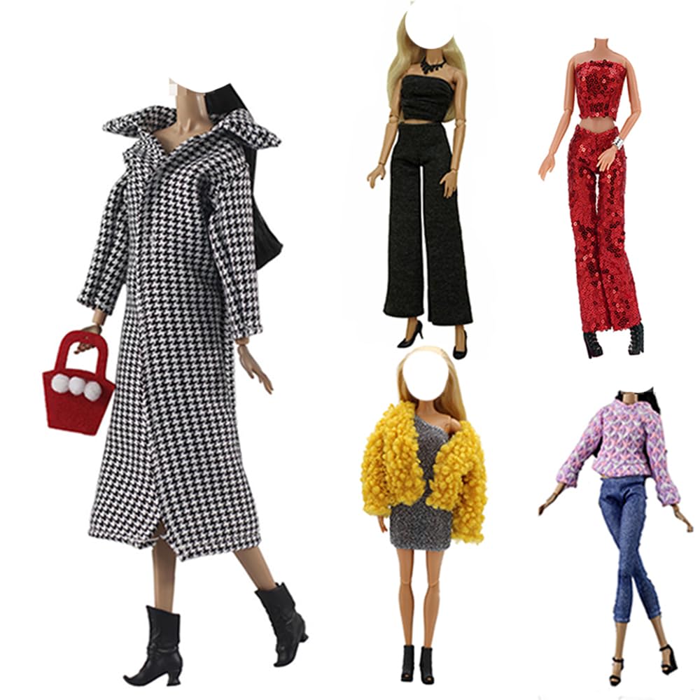 Doll Clothes, 5 Sets Outfits Houndstooth Coat Pants Windbreaker Hat for 11.5 inch Dolls Accessories Random Style