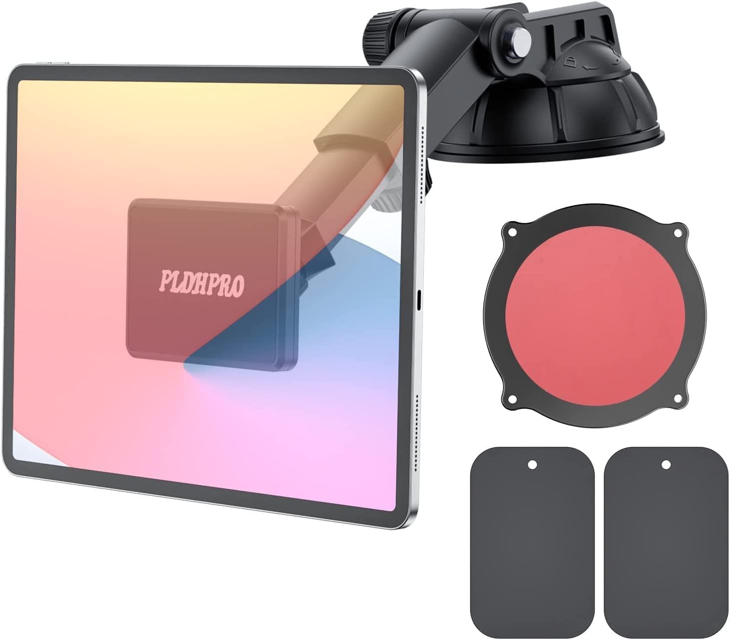 PLDHPRO Magnetic Tablet Holder for Car iPad Stand Mount Dashboard Dash Windshield Compatible 4"- 10" Tablets and Phone，360° Rotating Super Strong Magnet TPU Suction Washable Robust Sticky Gel