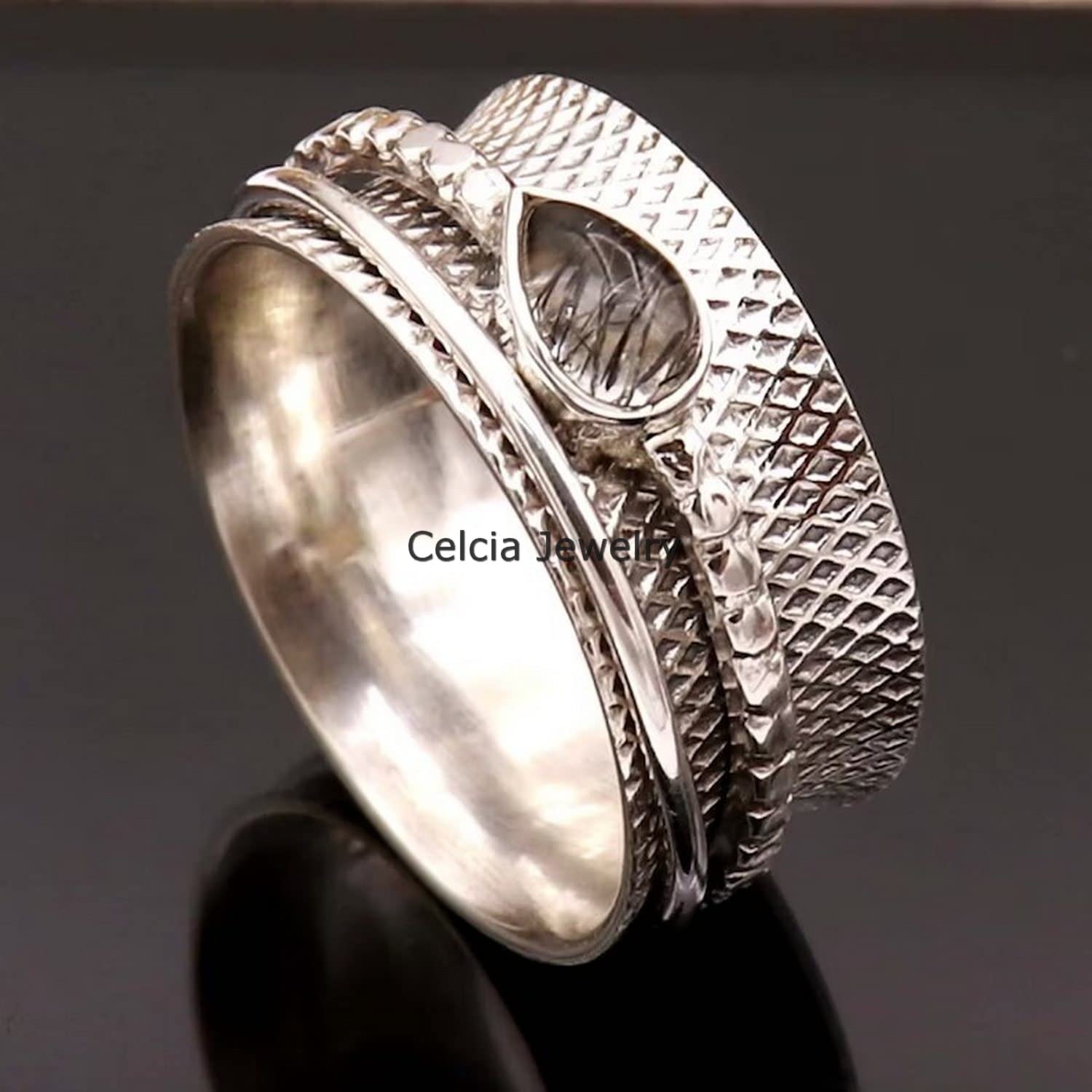 Anillo giratorio de cuarzo rutilado negro en plata, anillo de meditación para hombres y mujeres, anillo de regalo para el Día de la Madre (talla 7 de EE. UU.)