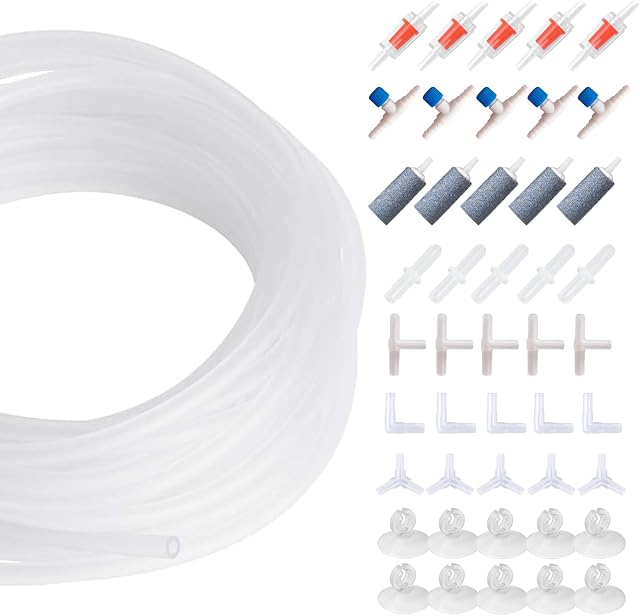 Standard Aquarium Air Pump Accessories Set, 13 Feet Airline Tubing with 5 Air Stones, 5 Check Valves, 5 Control Valves, 10 Suction Cups and 20 Connectors, Fish Tank Accessories