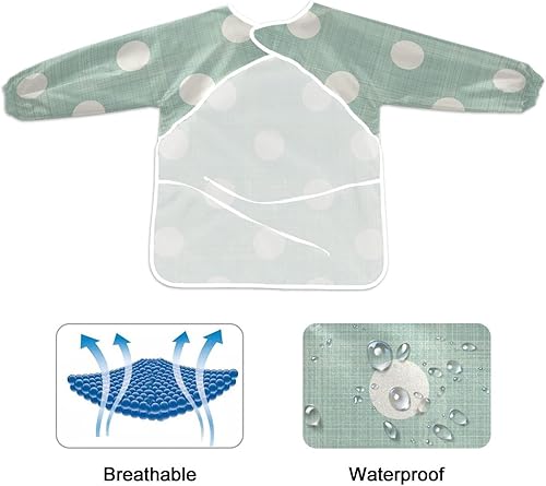 Miniatura 2 de Kigai Delantales de arte para niños de lunares verdes impermeables para pintura de niños de 2 a 4 años