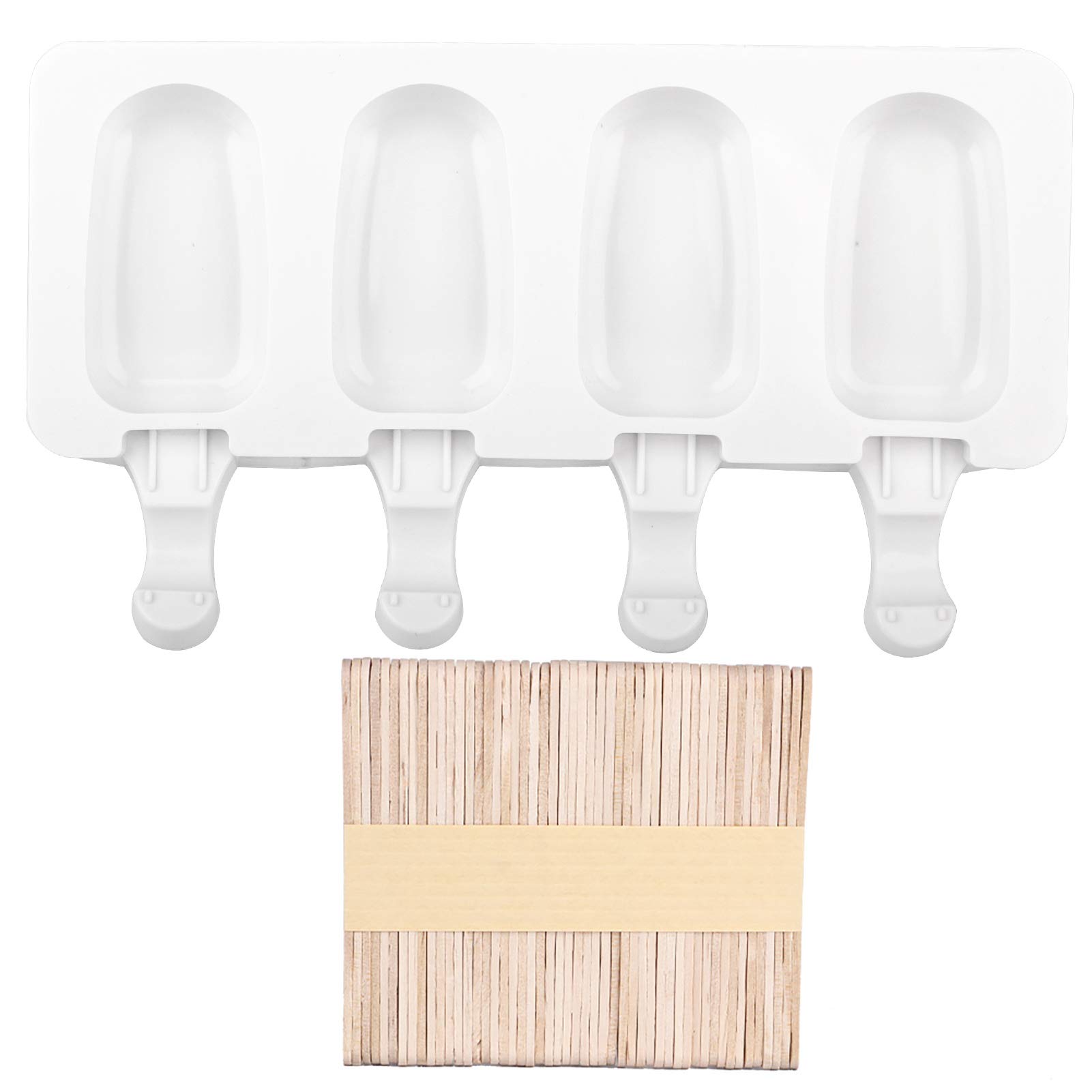 4-grid Popsicle Molds, 8.5in Silicone Ice Cream Mold Oval Ice Pop Molds with 50 Sticks for Diy Making Ice-lolly, Ice Cubes, Ice Cream