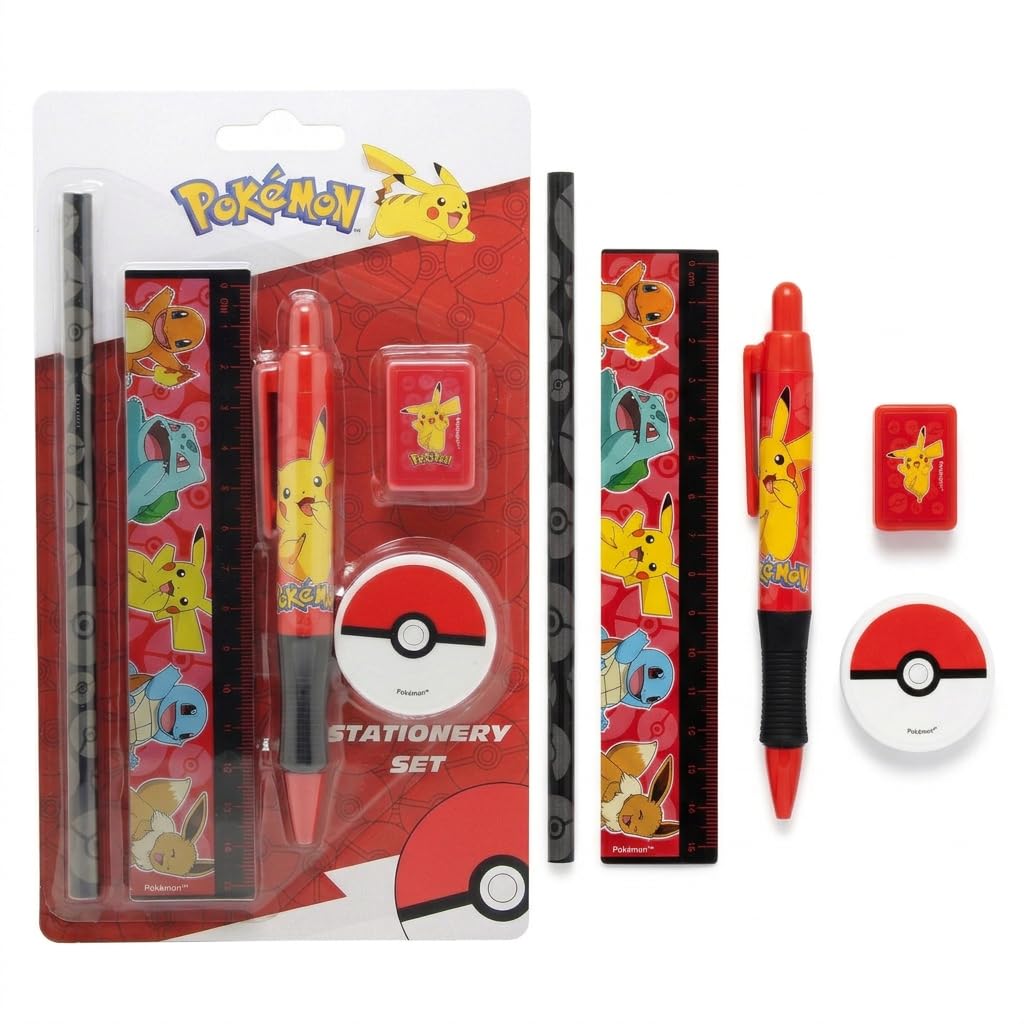 Pokemon Stationery Set for Kids – Pikachu Pen, Pencil, 15cm Ruler, Sharpener & Eraser Set – School Supplies with Pikachu, Charmander, Bulbasaur & Squirtle