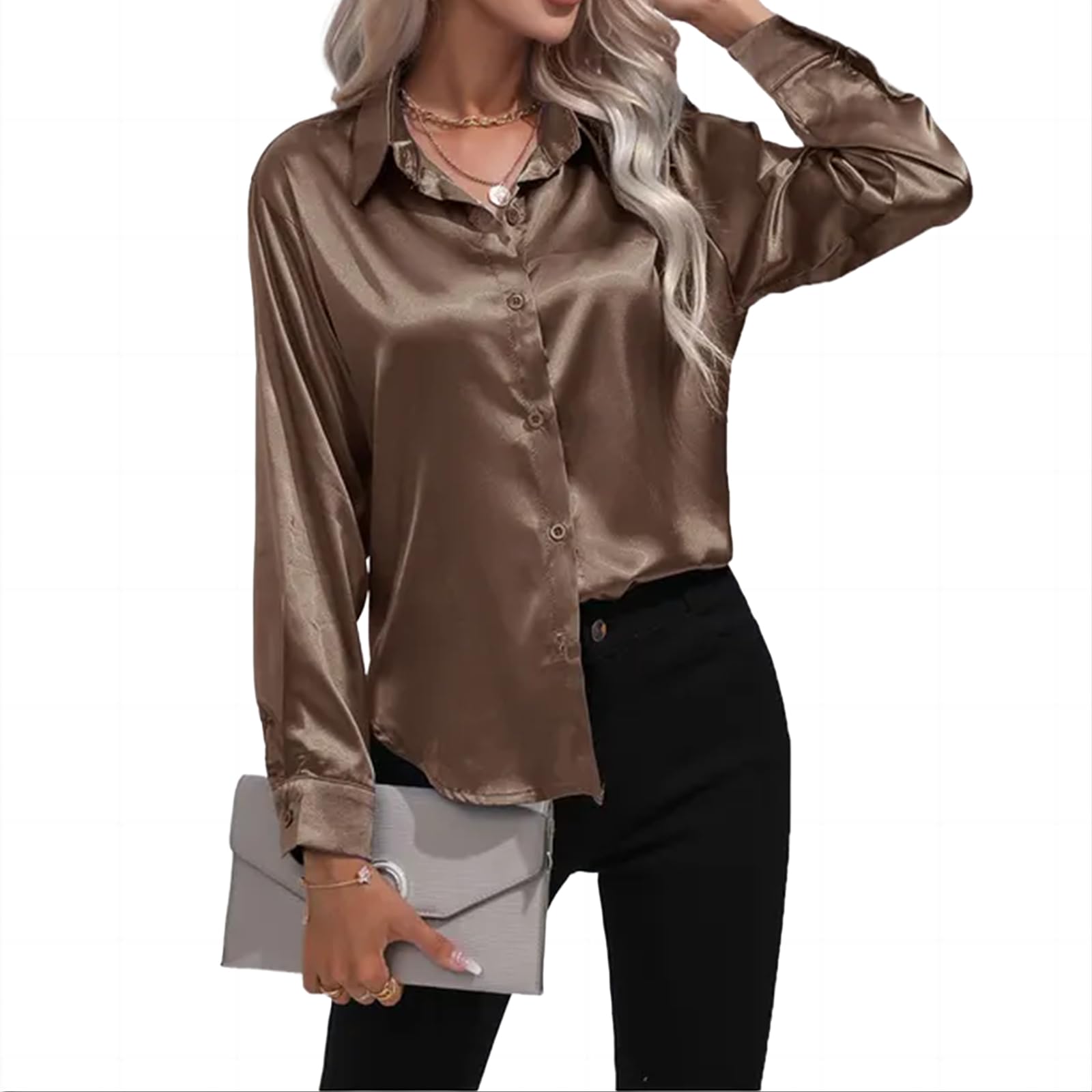 Camicia Donna Elegante Elegante Camicia A Maniche Lunghe Imitative da Donna in Seta