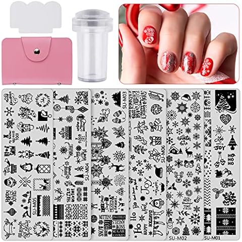 EBANKU 6Pcs Nagel Stempelschablone, Nail Stamping Plates Weihnachtsbaum Schneeflocken Rentier Maniküre Nail Art Template Cover