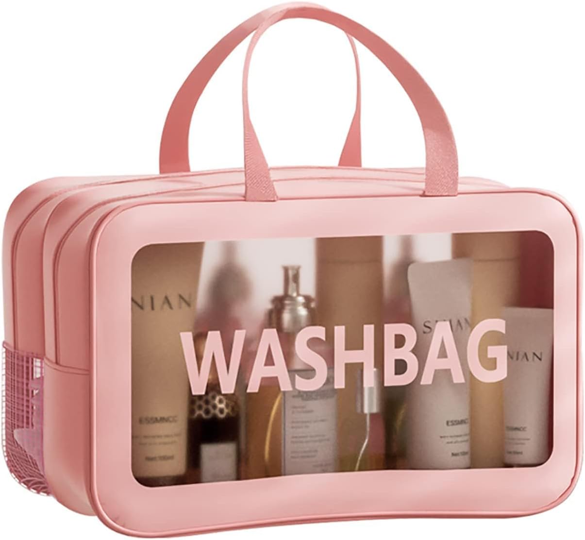 Ymlike Large Capacity Portable Travel Cosmetic Bag, 2 Layer Visible Wet Dry Separated Toiletry Bag with Handles, Clear Handbag Organizer Makeup Case Storage Pouch for Women and Girls (Pink)