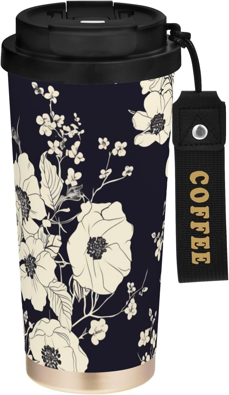 17 oz Insulated Coffee Mug Blue White Floral Print with Straw and Leak Proof Lid Double Wall Water Bottle Stainless Steel Vacuum Thermal Travel Drinking Cup for Hot/Cold Drink