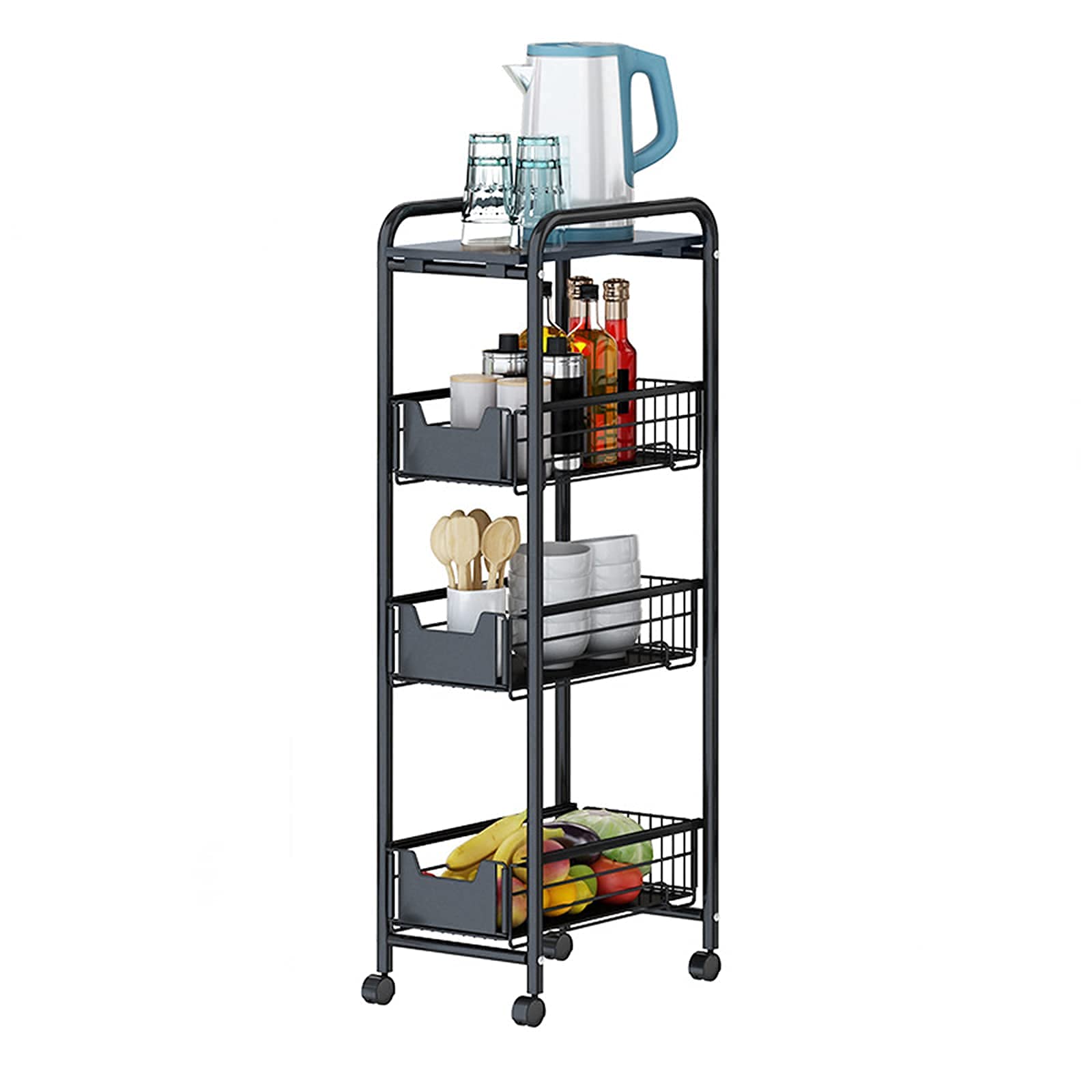 Chariot de rangement à 4 niveaux avec roues verrouillables et étagère mobile gain de place