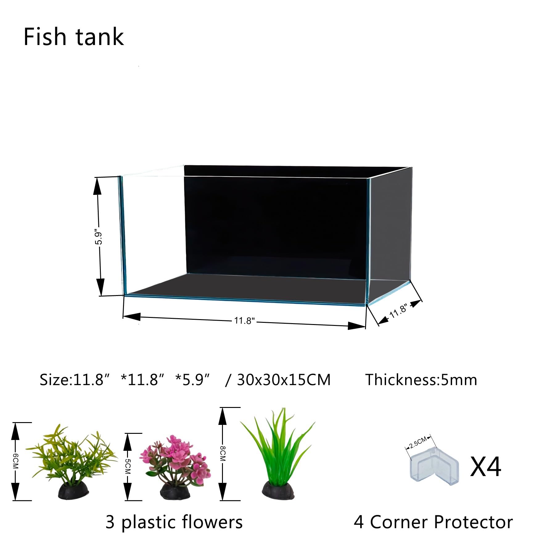 Acquario per pesci da 3,5 galloni, 30 x 30 x 15 cm, acquario in vetro a basso contenuto di ferro con tappetino antiscivolo, carta di sfondo e protezioni per gli angoli | Kit habitat Betta, tartaruga