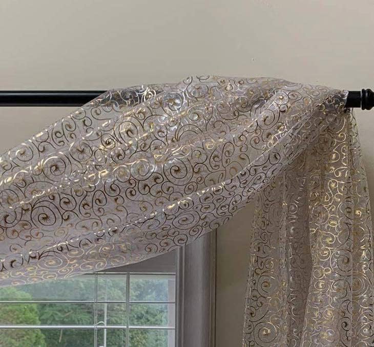 Metallic Foil Print Organza Sheer 8 Yards Window Scarf Valance Extra Long (Gold Scroll/Gold Sheer/ 288L X 50W)