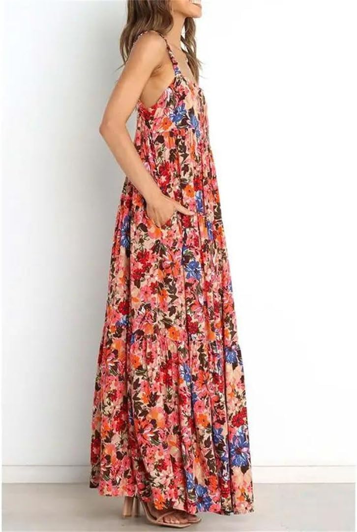 Women Summer Elastic Spaghetti Strap Casual Floral Print Backless Swing A Line Tank Dress