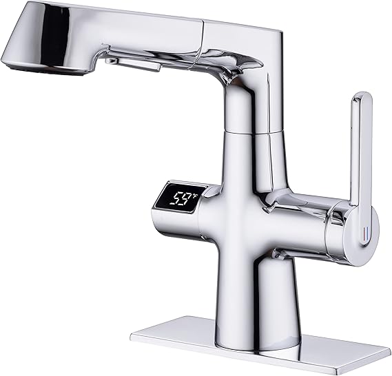 Zexzen LED Bathroom Faucet with Pull Out Sprayer and LED Temperature