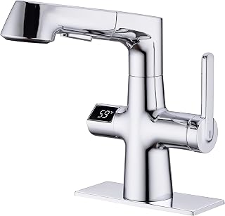 Zexzen Bathroom Faucet Chrome with Pull Out Sprayer, Temperature Display Bathroom Sink Faucet Liftable Bar Sink Faucet with 2 Modes Sprayer Laundry Vanity Sink Kitchen Faucet 1 Hole with Deck Plate