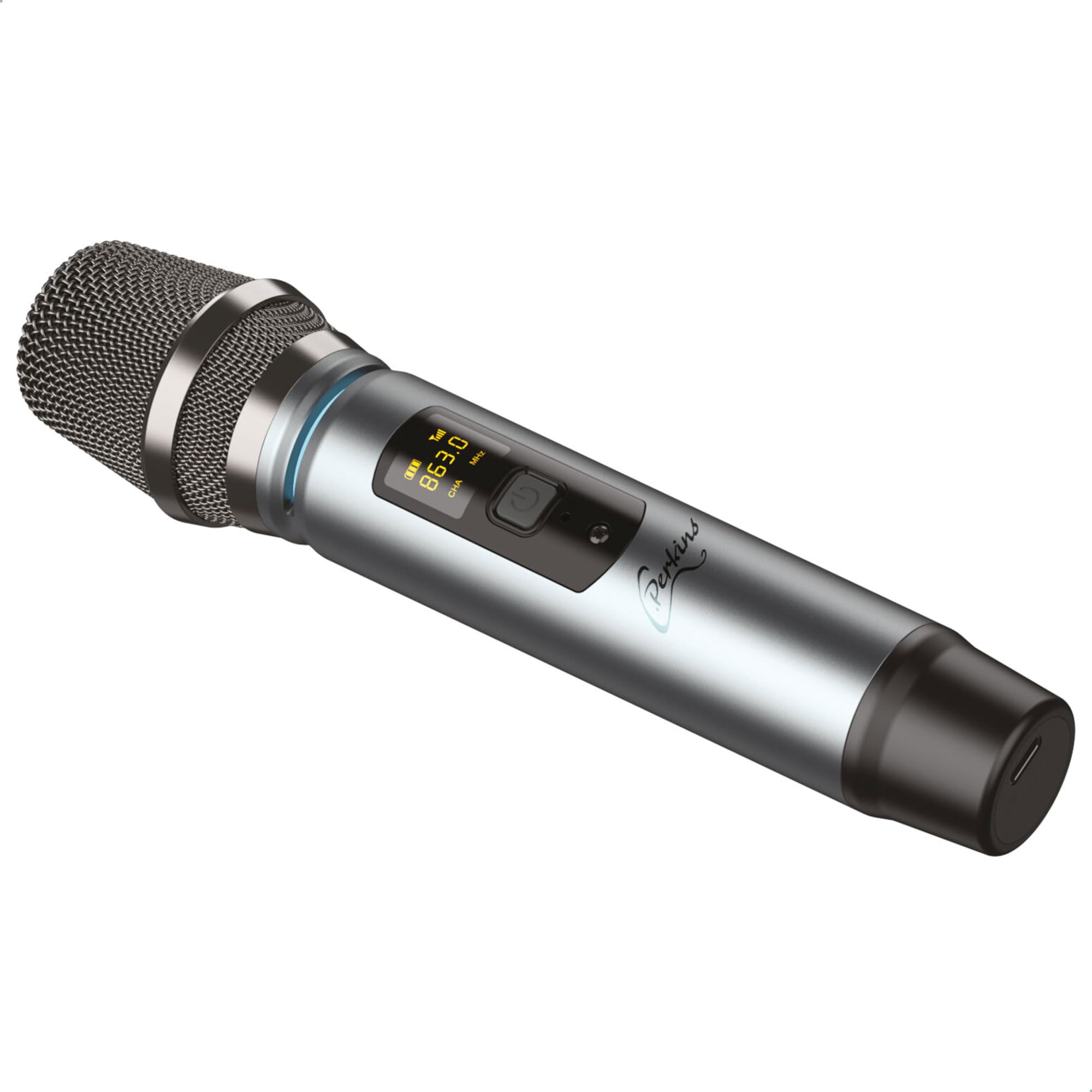 C.Perkins - ROADY-FL-MIC - Microfono palmare professionale senza fili UHF a batteria ricaricabile con display digitale - UHF 863-865MHz - Grigio metallo