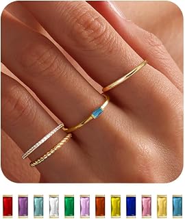 Gold Birthstone Rings for Women Non Tarnish Sliver Thumb Stackable Thin Rings Engagement Wedding Promise Rings Dainty Ring Set Dainty 14K Gold Plated Pink Emerald Red Gemstone Trendy Jewelry Size 6-10